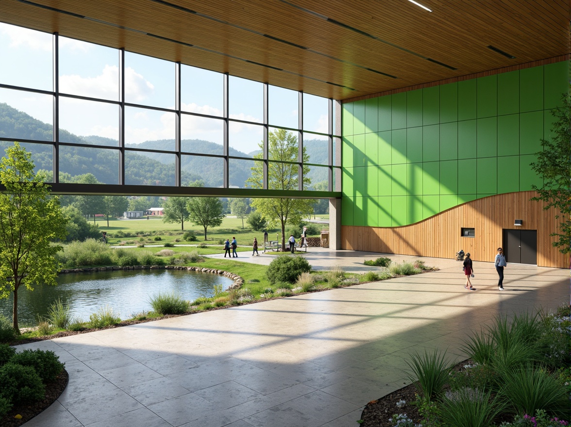 Prompt: Vibrant gymnasium interior, lush green walls, natural stone flooring, wooden accents, floor-to-ceiling windows, abundant daylight, panoramic views, outdoor landscape integration, rolling hills, verdant meadows, serene water features, walking trails, athletic tracks, sports equipment, modern architecture, minimalist design, eco-friendly materials, sustainable energy solutions, solar panels, shaded outdoor spaces, misting systems, realistic textures, ambient occlusion, shallow depth of field, 3/4 composition.