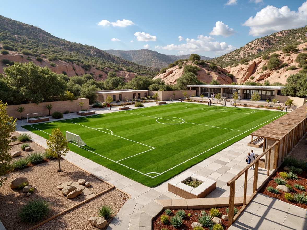 Prompt: Rustic sports field, undulating terrain, natural stone walls, weathered wood fences, vibrant green grass, athletic tracks, soccer goals, basketball hoops, tennis courts, modernist structural elements, exposed steel beams, concrete foundations, geometric shapes, minimalist landscaping, drought-resistant plants, succulent gardens, gravel pathways, sunny day, high-contrast lighting, dramatic shadows, 1/1 composition, symmetrical framing, realistic textures, ambient occlusion.