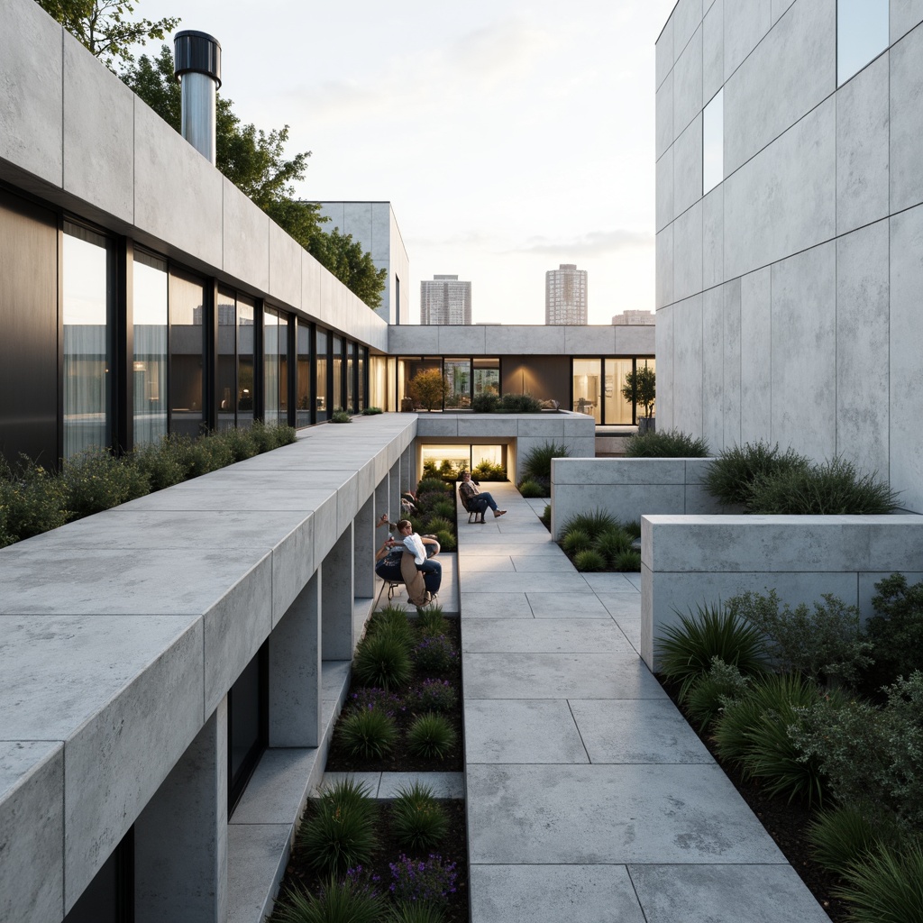 Prompt: Clean lines, minimal ornamentation, rectangular forms, flat roofs, large windows, sliding glass doors, industrial materials, exposed ductwork, functional simplicity, urban context, cityscape views, morning light, soft shadows, shallow depth of field, 2/3 composition, symmetrical balance, monochromatic color scheme, raw concrete textures, metallic accents, futuristic ambiance.