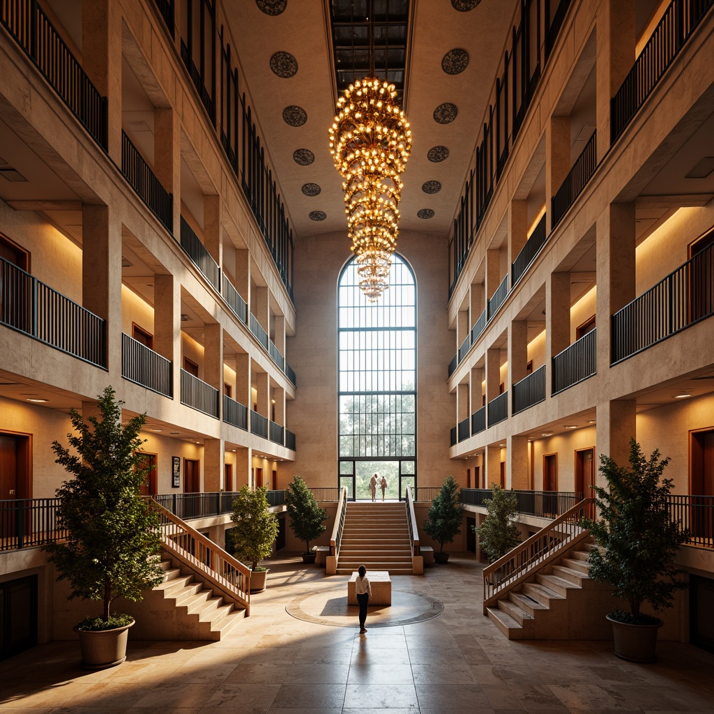 Prompt: Grand cultural center, high ceilings, ornate chandeliers, warm ambient lighting, soft spotlights, LED wall washes, elegant staircases, marble floors, intricate architectural details, natural stone walls, large windows, diffused daylight, warm color temperatures, dramatic shadows, 1/2 composition, shallow depth of field, realistic textures, ambient occlusion.