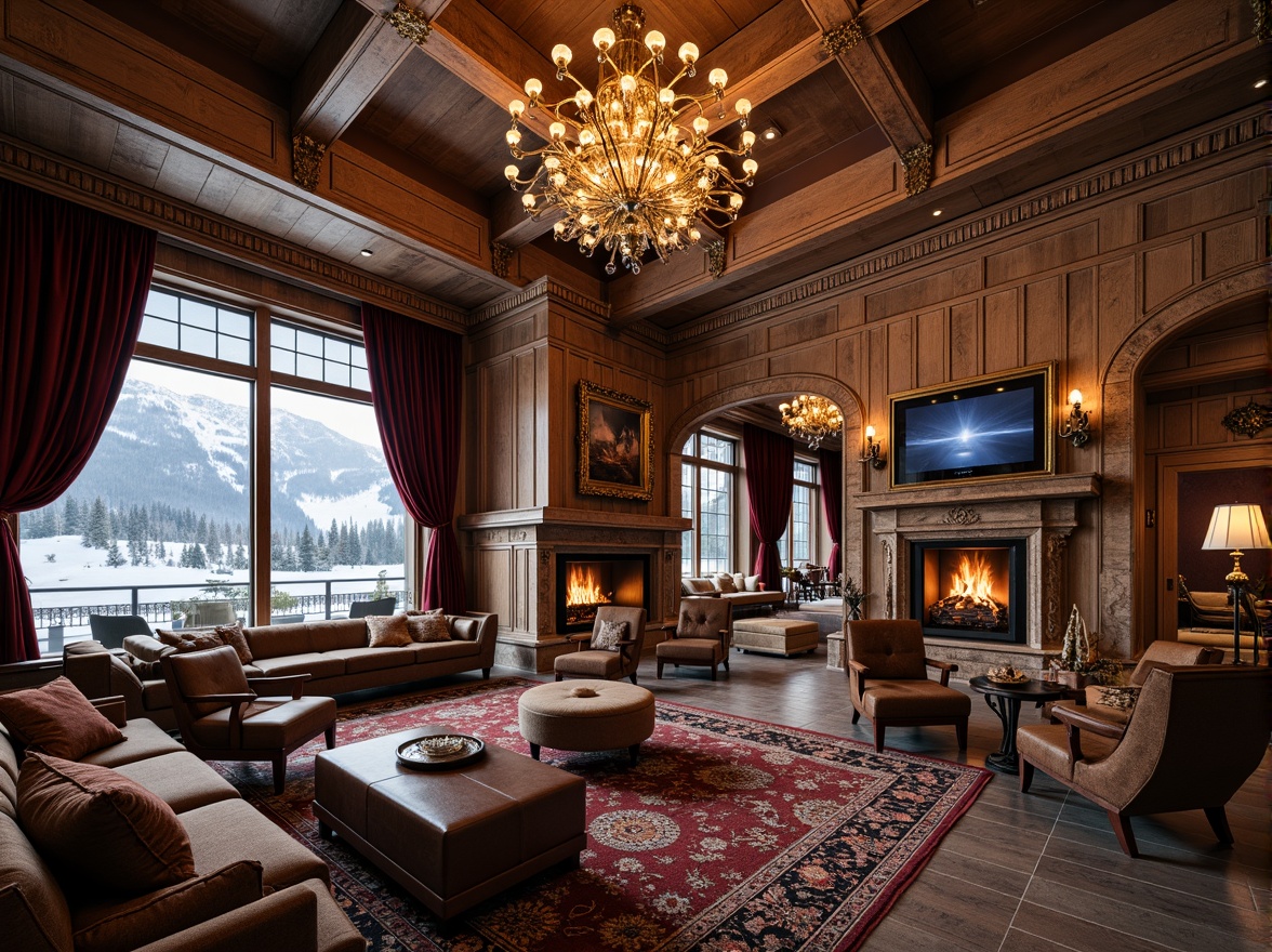 Prompt: Luxurious ski resort, grandiose chandeliers, ornate wooden paneling, rich velvet drapes, golden accents, intricate carvings, marble floors, lavish furnishings, regal atmosphere, warm fireplaces, crackling flames, soft candlelight, rustic wooden beams, snowflake-patterned windows, frosty mountain views, snowy landscapes, frozen lakes, misty mornings, warm afternoon lighting, shallow depth of field, 1/2 composition, realistic textures, ambient occlusion.