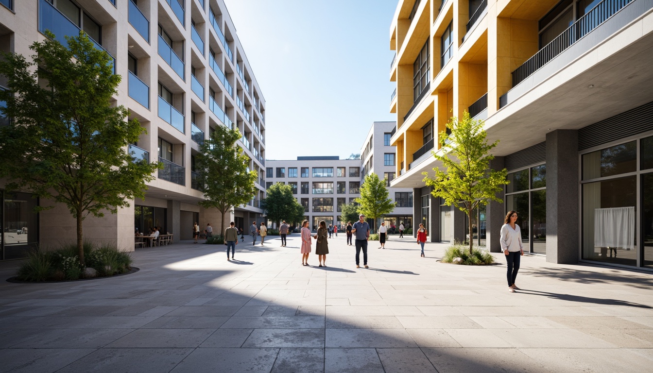 Prompt: Minimalist open plaza, clean lines, rectangular shapes, industrial materials, exposed ductwork, functional simplicity, bold typography, primary color accents, geometric patterns, urban landscape, modern cityscape, sunny day, high contrast lighting, deep depth of field, 1/1 composition, symmetrical framing, abstract textures, ambient occlusion.