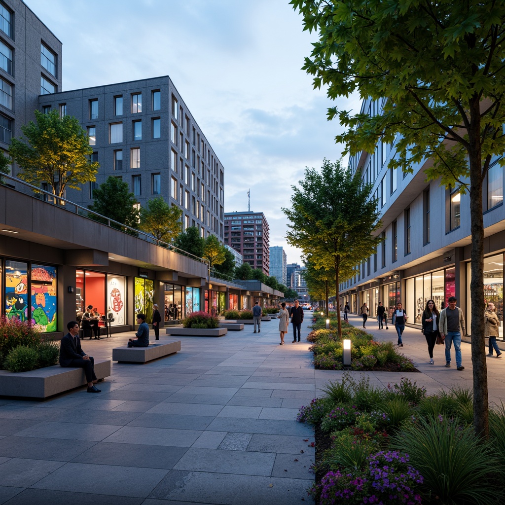 Prompt: Urban metro station, bustling city streets, vibrant street art, modern transportation hub, green roofs, lush vegetation, flowering plants, pedestrian walkways, bike lanes, public seating areas, urban furniture, stainless steel railings, LED lighting, evening ambiance, shallow depth of field, 1/2 composition, realistic textures, ambient occlusion.