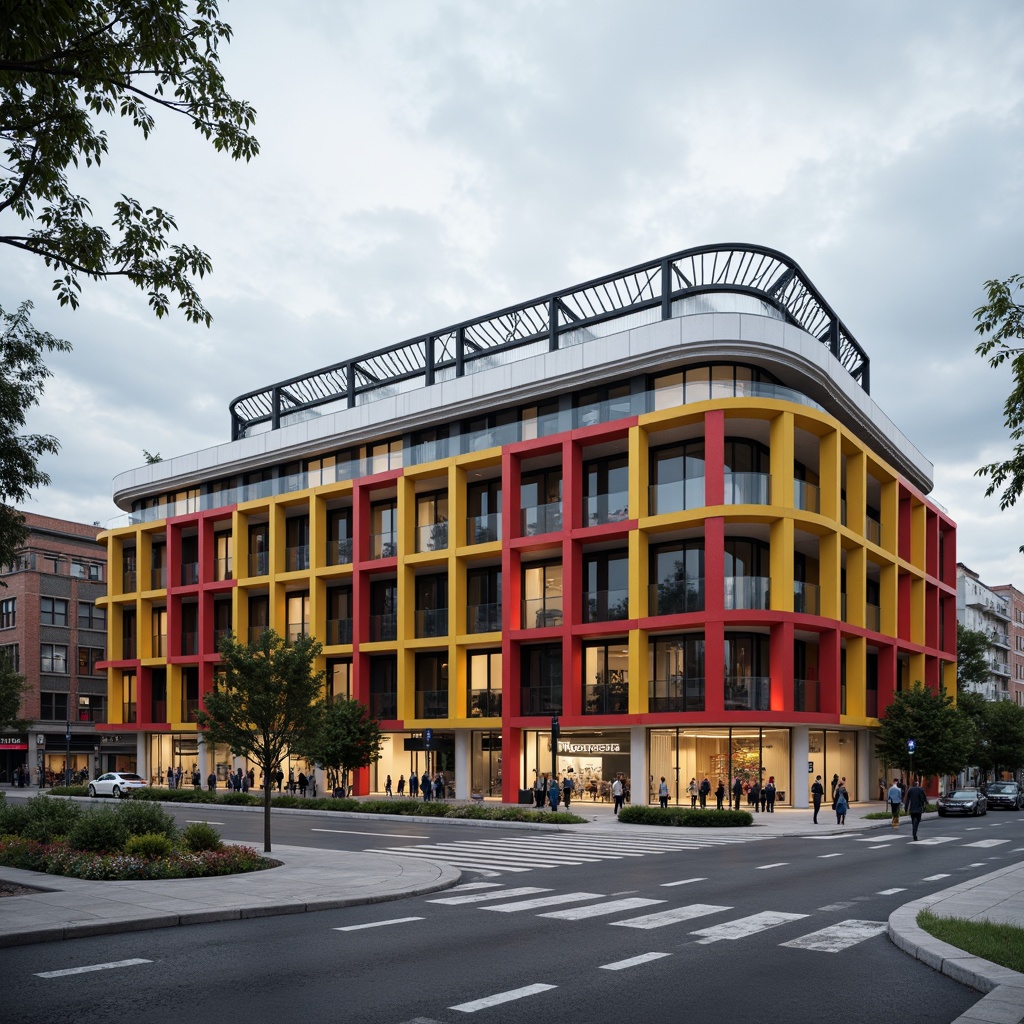 Prompt: Geometric stadium facade, bold primary colors, industrial materials, exposed steel beams, cantilevered roofs, asymmetrical compositions, functionalist aesthetics, minimalist ornamentation, rectangular forms, clean lines, brutalist influences, urban landscape, cloudy sky, dramatic lighting, high-contrast shadows, 1/2 composition, low-angle shot, realistic renderings, ambient occlusion.