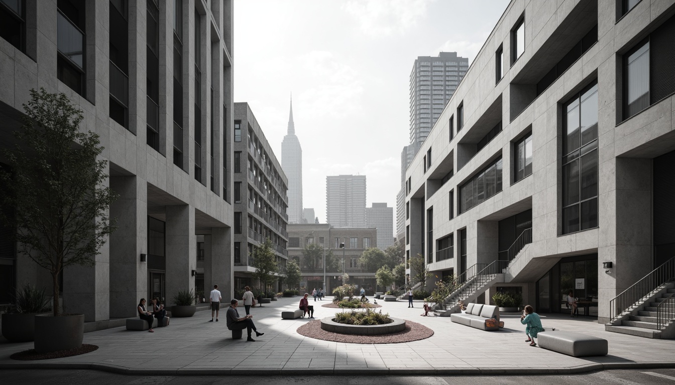 Prompt: Geometric buildings, brutalist architecture, raw concrete textures, industrial materials, minimalist decor, open floor plans, functional spaces, modular furniture, urban cityscape, busy streets, modern skyscrapers, abstract sculptures, monochromatic color scheme, high contrast lighting, dramatic shadows, 1/1 composition, symmetrical framing, stark atmospheric mood, realistic renderings.