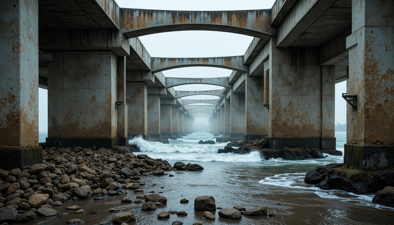 Prompt: Rugged coastal landscape, turbulent sea waves, misty ocean air, weathered steel beams, exposed concrete pillars, asymmetrical bridge design, fragmented structural elements, deconstructed arches, irregular shapes, distressed metal textures, rusted bolts, worn wooden planks, dramatic lighting effects, high contrast shadows, 1/2 composition, low-angle shot, cinematic atmosphere, realistic water simulations.