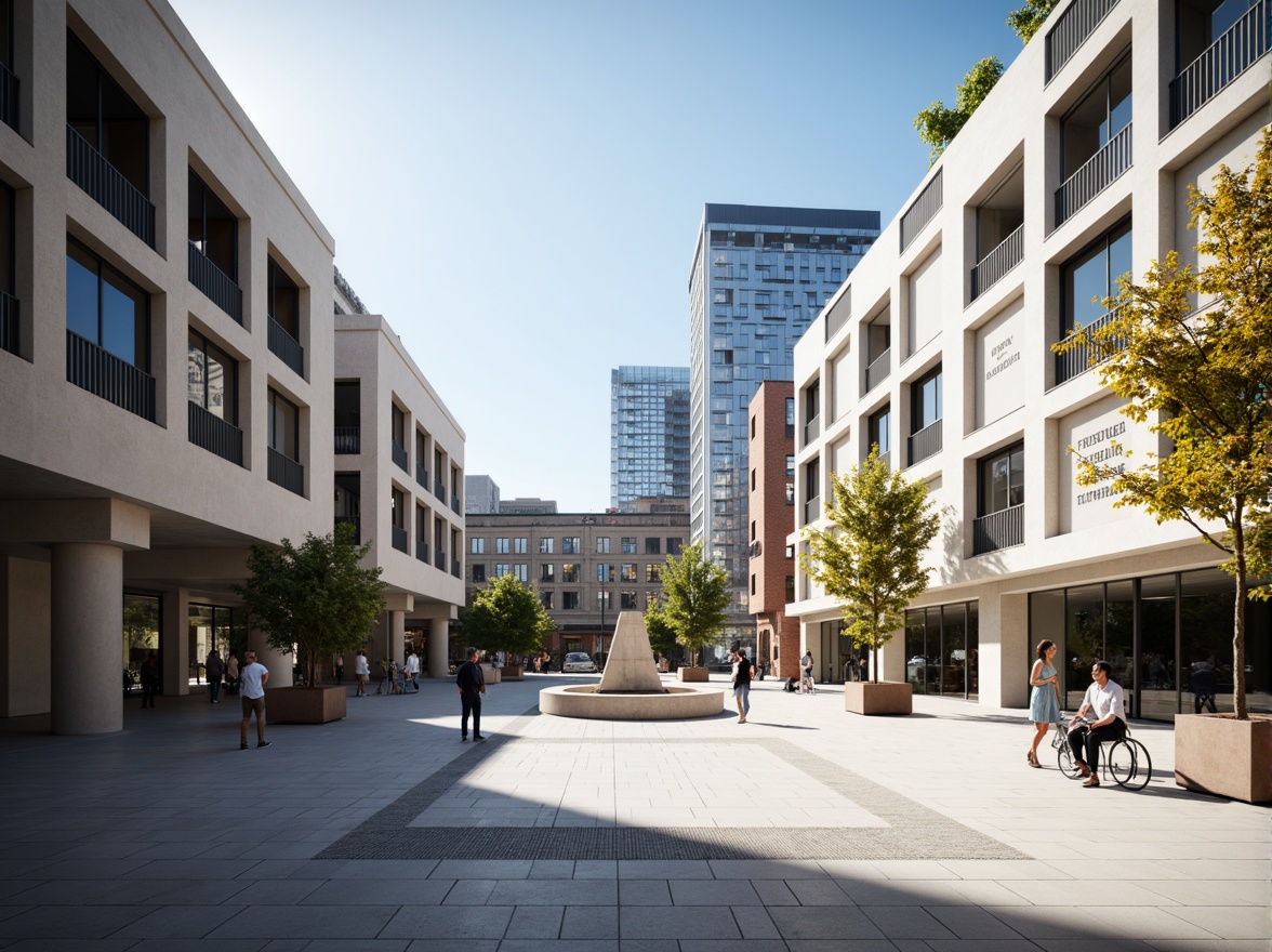 Prompt: Minimalist open plaza, clean lines, rectangular shapes, industrial materials, exposed ductwork, functional simplicity, bold typography, primary color accents, geometric patterns, urban landscape, modern cityscape, sunny day, high contrast lighting, deep depth of field, 1/1 composition, symmetrical framing, abstract textures, ambient occlusion.