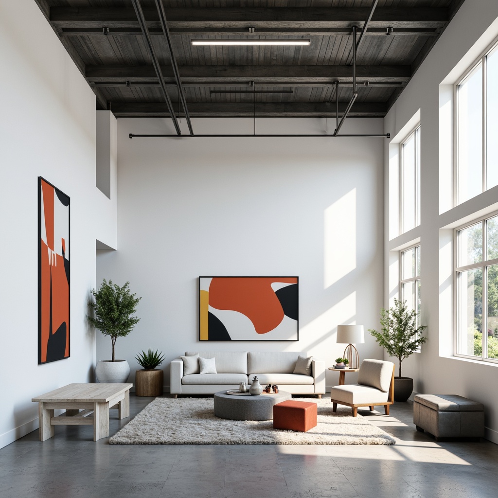 Prompt: Simple white walls, clean lines, minimal ornamentation, functional furniture, industrial materials, steel beams, concrete floors, large windows, natural light, open spaces, geometric shapes, primary color accents, bold typography, abstract artwork, sparse decor, empty space, dramatic shadows, high contrast lighting, 1/1 composition, symmetrical framing, realistic textures, subtle ambient occlusion.