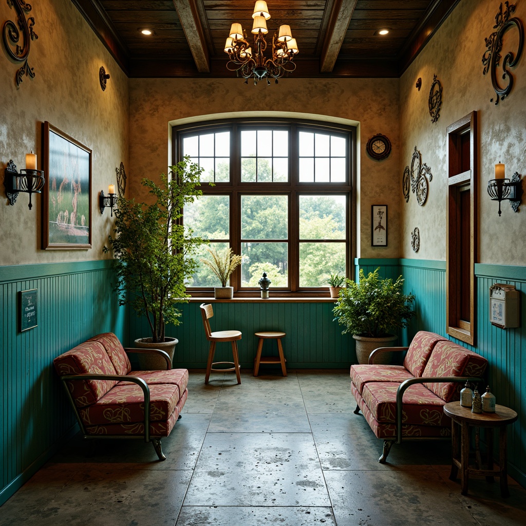 Prompt: Vibrant clinic, bold turquoise accents, warm beige walls, rich wood tones, eclectic art pieces, ornate metal fixtures, distressed finishes, abstract patterns, moody lighting, dramatic shadows, cinematic composition, 1/2 camera angle, high contrast ratio, gritty textures, ambient occlusion.