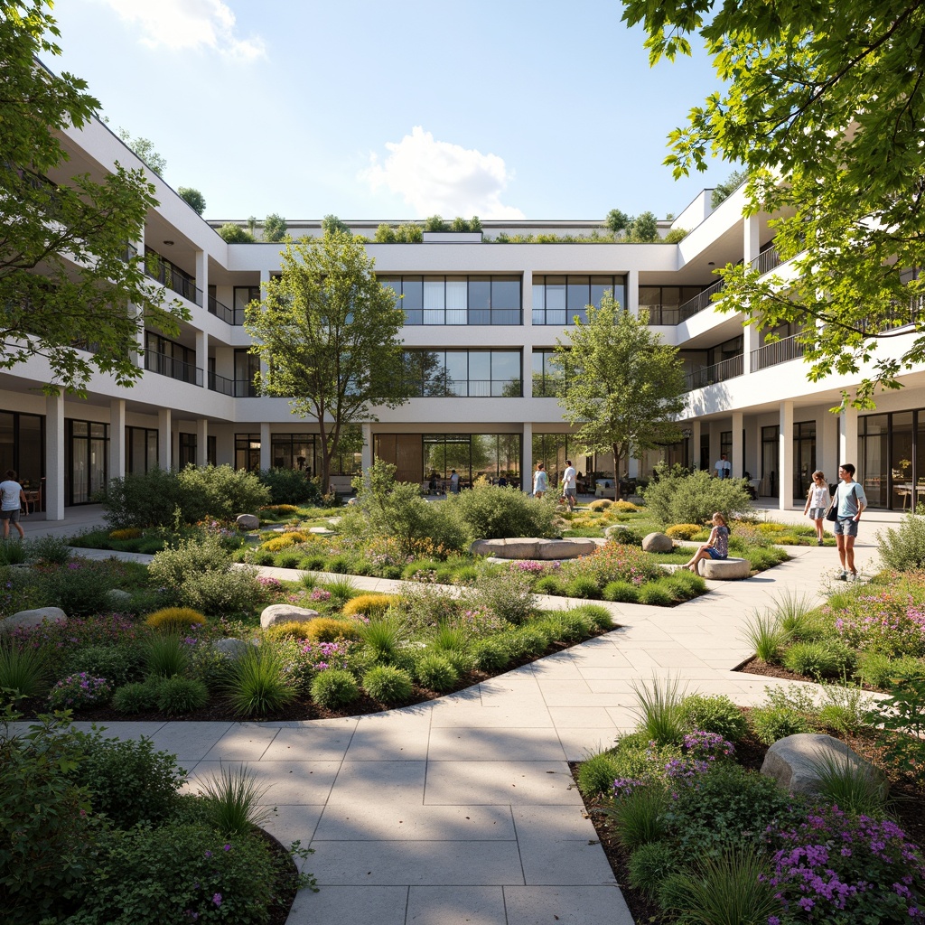 Prompt: Vibrant middle school courtyard, lush green roofs, native plant species, rainwater harvesting systems, solar panels, wind turbines, eco-friendly materials, natural stone walkways, modern sustainable architecture, large windows, glass doors, blooming trees, sunny day, soft warm lighting, shallow depth of field, 3/4 composition, panoramic view, realistic textures, ambient occlusion, outdoor classrooms, educational signage, interactive exhibits, butterfly gardens, birdhouses, composting areas, recycling facilities, shaded outdoor spaces, misting systems.