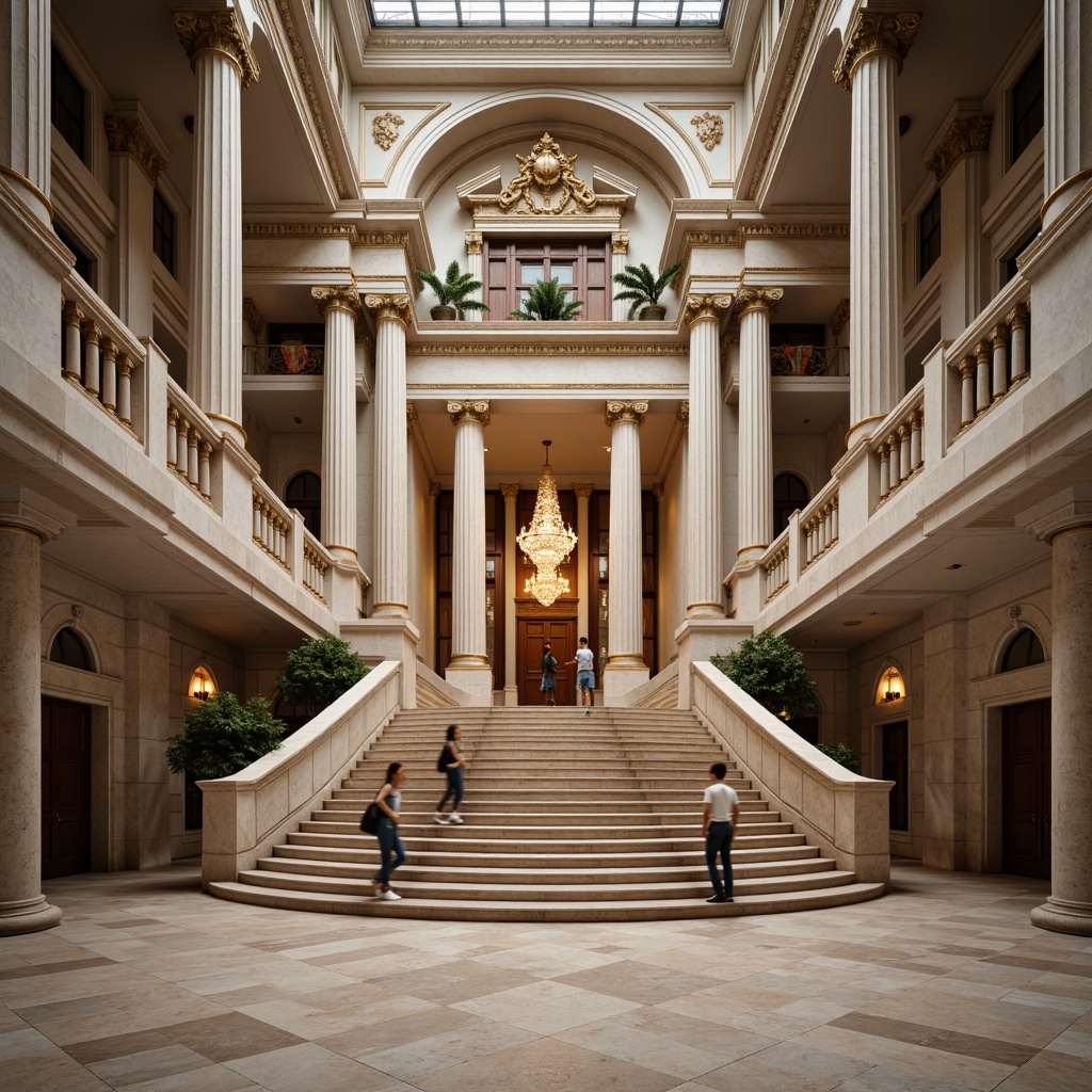 Prompt: Grandiose youth center facade, neoclassical architecture style, ornate columns, symmetrical composition, grand entrance, sweeping staircases, elegant balustrades, rusticated base, decorative cornices, classical pediments, limestone walls, marble floors, high ceilings, crystal chandeliers, soft warm lighting, shallow depth of field, 1/1 composition, realistic textures, ambient occlusion.