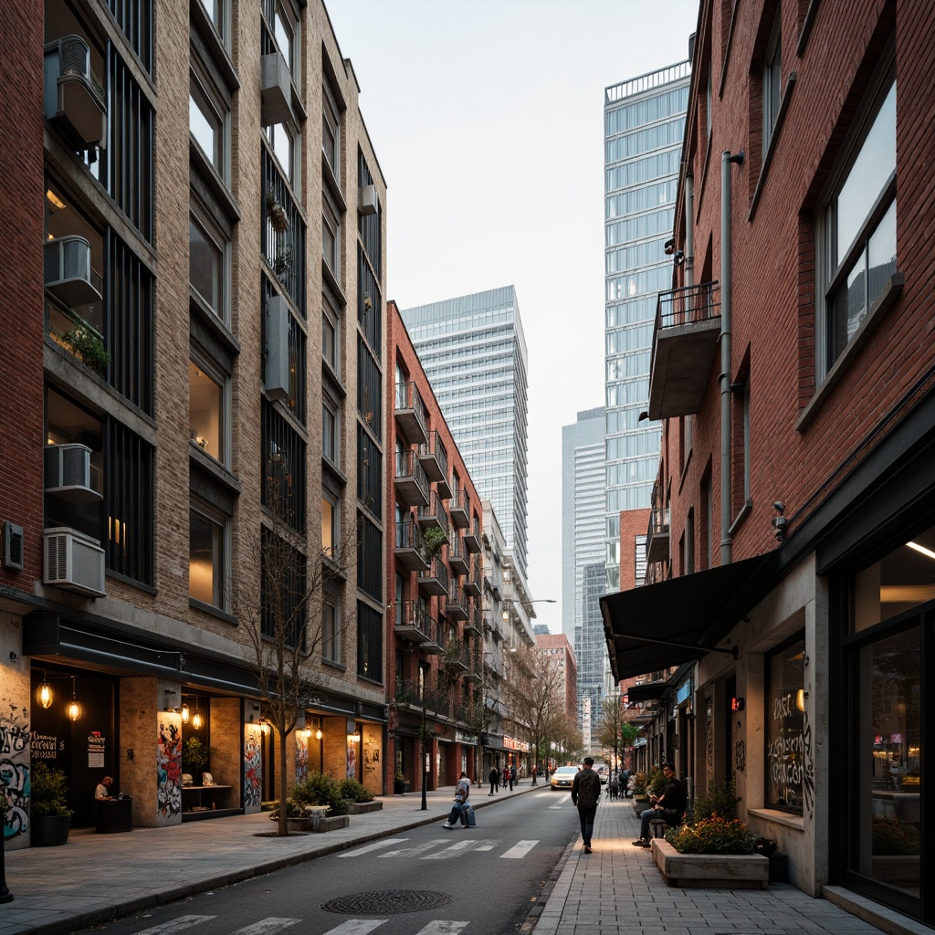 Prompt: Rustic urban landscape, weathered concrete walls, rough stone facades, metallic accents, glass skyscrapers, modern cityscape, busy streets, vibrant street art, graffiti murals, industrial pipes, exposed brick buildings, distressed wood textures, corrugated metal cladding, urban decay, atmospheric fog, warm golden lighting, shallow depth of field, 1/2 composition, realistic reflections, ambient occlusion.