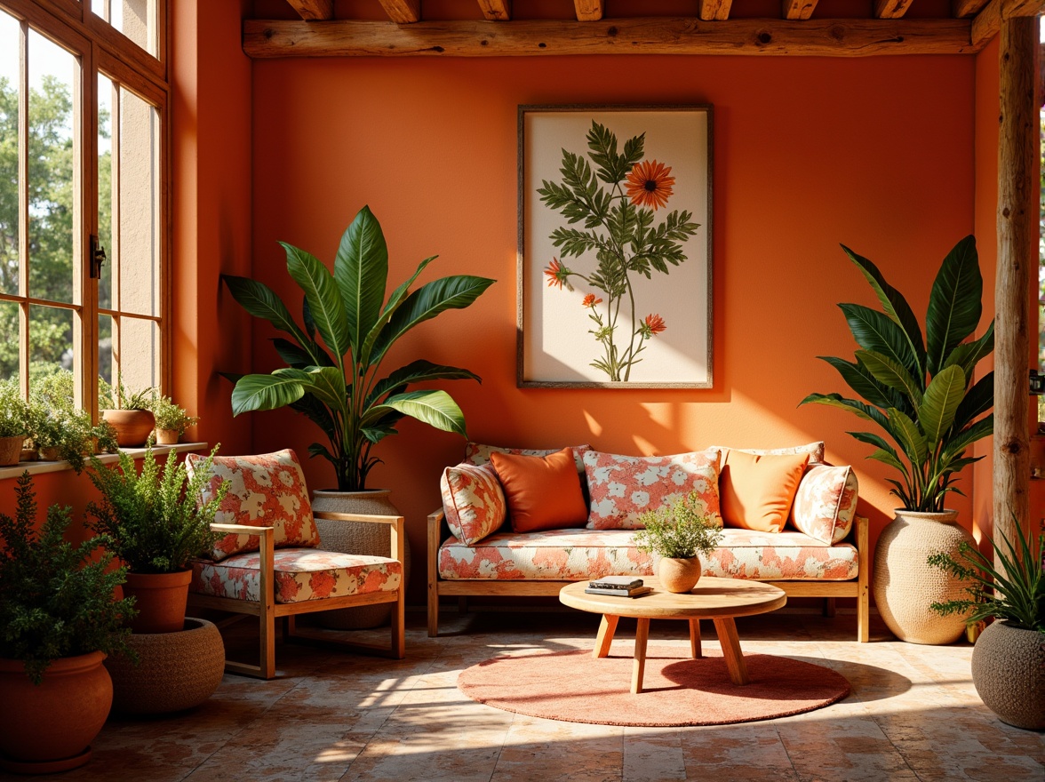 Prompt: Vibrant tangerine hues, warm golden lighting, rustic wooden accents, earthy terracotta pots, lush green foliage, whimsical floral patterns, distressed vintage textures, eclectic bohemian decor, cozy intimate spaces, natural woven fibers, soft creamy whites, rich walnut browns, bold coral pinks, sunny afternoon ambiance, shallow depth of field, 1/1 composition, realistic renderings, ambient occlusion.