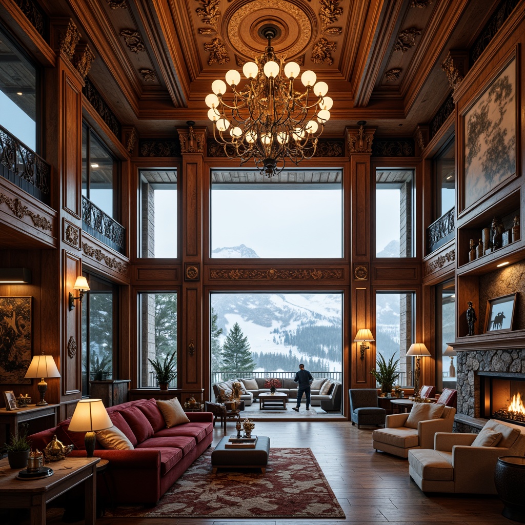 Prompt: Luxurious ski center, ornate Baroque architecture, grandiose chandeliers, intricate wooden carvings, gilded accents, lavish furnishings, rich velvet fabrics, warm fireplaces, rustic stone walls, snow-capped mountains, frosty winter air, soft warm lighting, shallow depth of field, 1/1 composition, realistic textures, ambient occlusion.