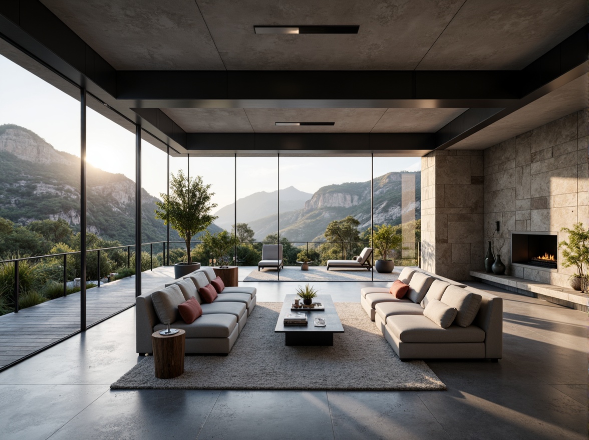 Prompt: Canyon-inspired modernist building interior, open-plan living space, minimalist decor, sleek low-profile furniture, polished concrete floors, industrial-style metal beams, floor-to-ceiling windows, panoramic canyon views, natural stone accent walls, geometric patterned rugs, monochromatic color scheme, ambient soft lighting, 1/1 composition, shallow depth of field, realistic textures, subtle shadows.