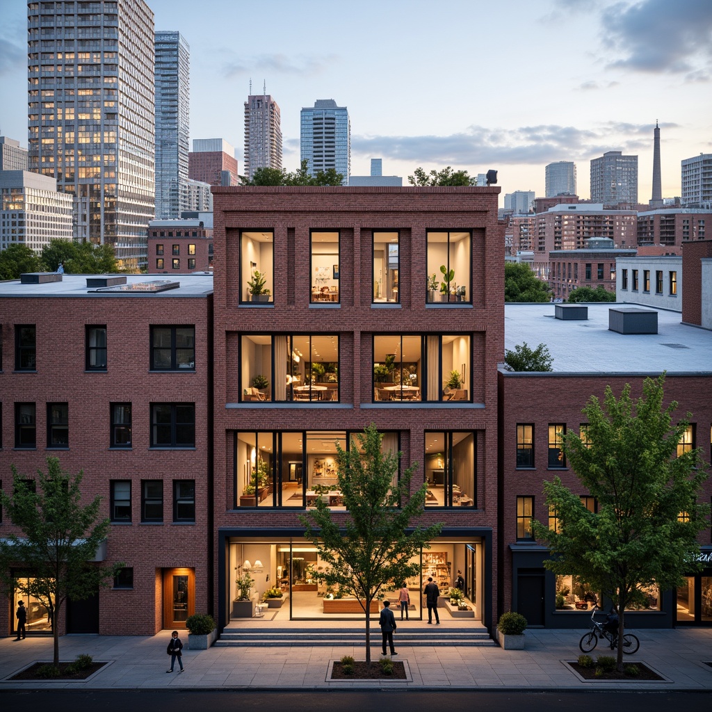 Prompt: Industrial heritage warehouse, exposed brick fa\u00e7ade, metal beams, reclaimed wood accents, urban cityscape, bustling streets, modern skyscrapers, vibrant street art, eclectic mix of old and new, adaptive reuse, converted lofts, trendy cafes, boutique shops, pedestrian-friendly sidewalks, bike lanes, green roofs, solar panels, industrial chic aesthetic, warm atmospheric lighting, shallow depth of field, 2/3 composition, cinematic view, realistic textures, ambient occlusion.