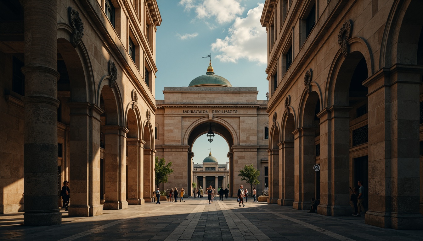 Prompt: Monumental buildings, imposing structures, robust columns, sturdy arches, grand entrances, ornate facades, symmetrical compositions, classical proportions, harmonious massing, balanced forms, natural stone materials, rough-hewn textures, earthy color palette, dramatic lighting effects, deep shadows, atmospheric perspective, 1/2 composition, low-angle view, cinematic mood.