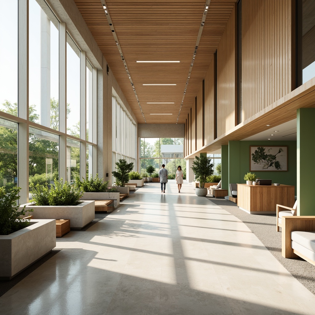 Prompt: Clean healthcare facility, minimalist interior design, neutral color palette, natural materials, wooden accents, simple furniture, calming atmosphere, abundant natural light, floor-to-ceiling windows, green walls, living plants, subtle textures, soft warm lighting, shallow depth of field, 3/4 composition, realistic render, ambient occlusion, serene ambiance, peaceful waiting areas, comfortable seating, gentle color scheme, soothing artwork, modern medical equipment, sleek metal surfaces, innovative technology integration.