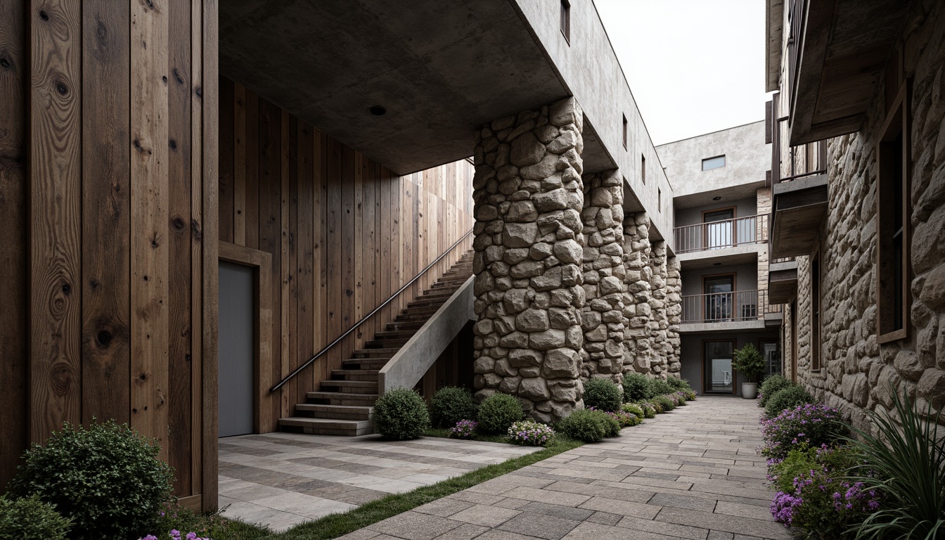 Prompt: Rustic stone walls, weathered wooden planks, rough-hewn concrete columns, tactile brick facades, ornate metalwork, intricate stonework patterns, natural rock formations, earthy tones, organic shapes, brutalist architecture, industrial chic aesthetic, urban landscape, overcast sky, dramatic shadows, high-contrast lighting, 1/2 composition, atmospheric perspective, realistic material rendering.