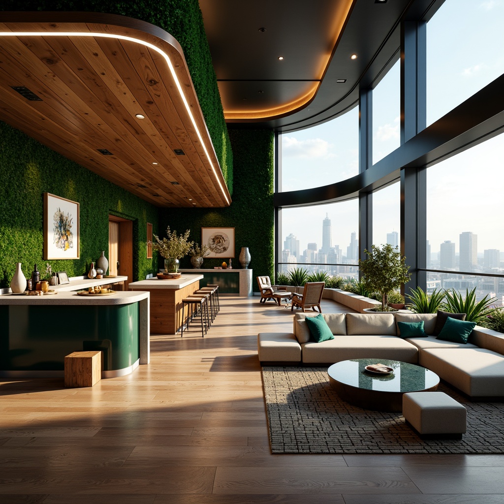 Prompt: Luxurious penthouse interior, metabolism-inspired design, sleek metallic accents, reclaimed wood flooring, floor-to-ceiling windows, panoramic city views, minimalist decor, futuristic lighting fixtures, curved lines, organic shapes, vibrant green walls, living plants, natural stone countertops, high-gloss finishes, avant-garde furniture, bold color schemes, eclectic artwork, abstract sculptures, dramatic ceiling heights, open-plan layout, functional zones, cozy reading nooks, ambient warm lighting, shallow depth of field, 1/1 composition, realistic textures, subtle animations.