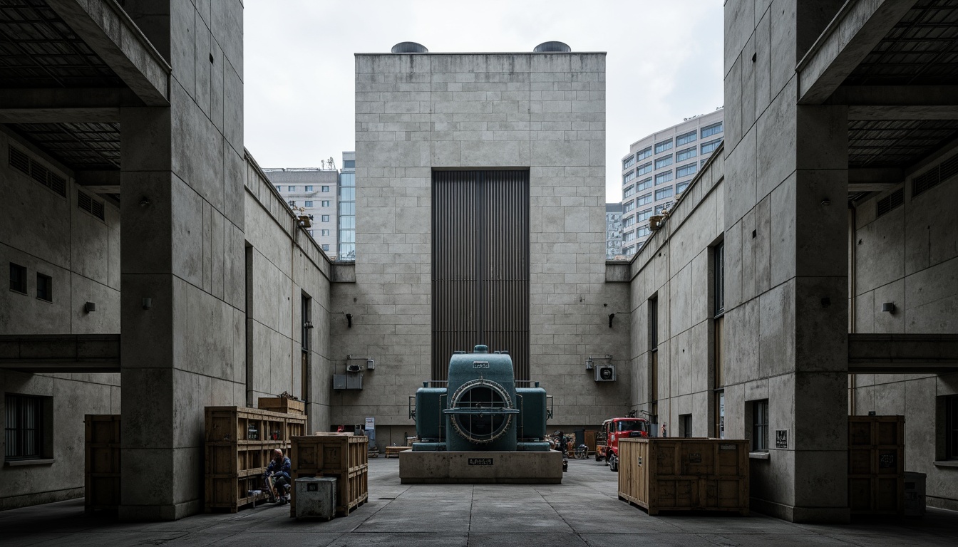 Prompt: Massive concrete forms, brutalist architecture, industrial distribution center, rugged textures, exposed ductwork, raw steel beams, functional minimalism, urban cityscape, overcast skies, dramatic shadows, high-contrast lighting, cinematic composition, symmetrical framing, bold geometric shapes, reinforced materials, utilitarian aesthetic, functional simplicity, mechanized systems, metallic accents, distressed finishes, monumental scale, imposing presence, atmospheric misting.