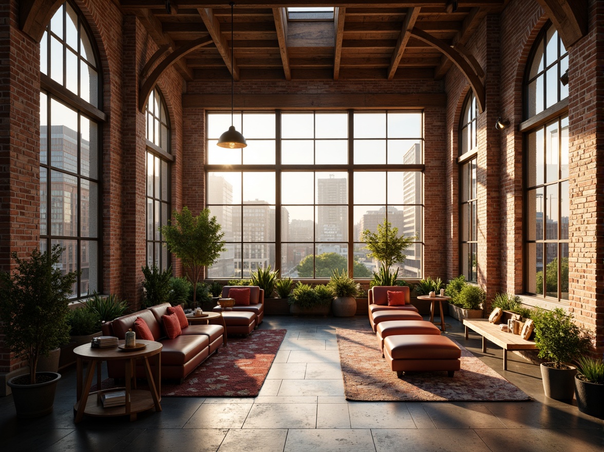 Prompt: Exposed brick walls, wooden beam ceilings, industrial chic decor, romantic ambiance, soft warm lighting, large windows, skylights, clerestory windows, natural stone floors, reclaimed wood accents, minimalist furniture, plush area rugs, cozy reading nooks, vintage decorative items, earthy color palette, lush greenery, potted plants, urban cityscape views, sunny day, shallow depth of field, 3/4 composition, panoramic view, realistic textures, ambient occlusion.