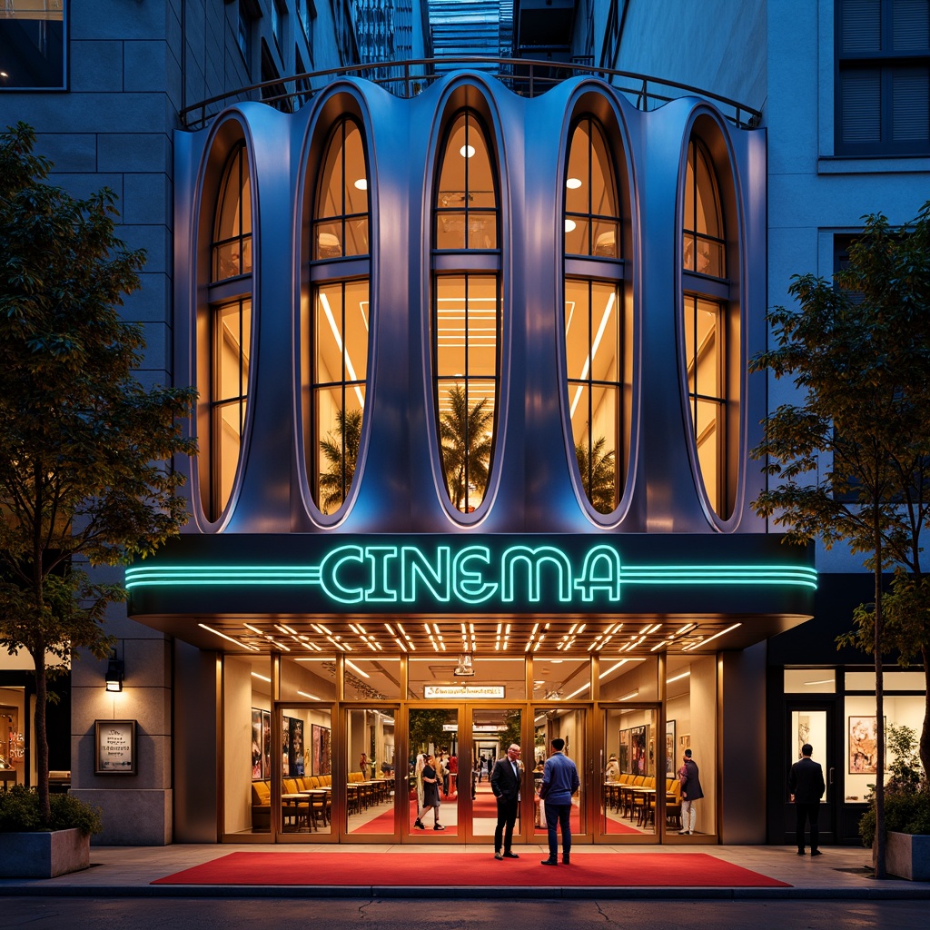 Prompt: Glamorous cinema facade, curved lines, metallic materials, neon lights, vibrant signage, retro-futuristic vibe, sleek glass surfaces, geometric patterns, bold typography, luxurious entrance, red carpet, golden accents, ornate decorations, dramatic spotlights, cinematic atmosphere, 1920s-inspired aesthetic, Art Deco influences, urban cityscape, bustling streets, nighttime scenery, shallow depth of field, 1/2 composition, cinematic lighting, high-contrast colors.