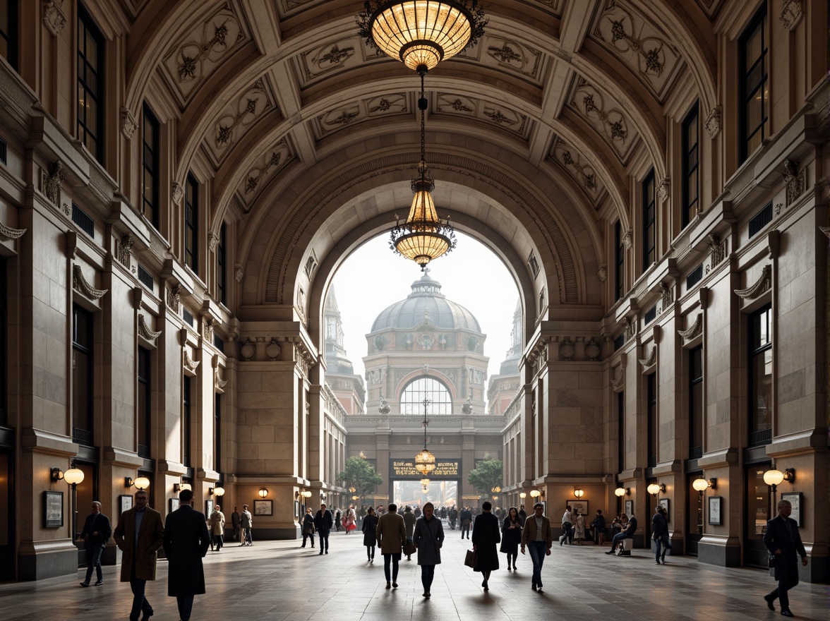 Prompt: Grandiose metro station, academic architectural style, ornate stone facades, arched windows, classical columns, intricate moldings, grand entrance halls, high ceilings, marble floors, elegant chandeliers, modern signage systems, urban cityscape, busy streets, morning rush hour, soft natural lighting, shallow depth of field, 1/2 composition, symmetrical framing, realistic textures, ambient occlusion.