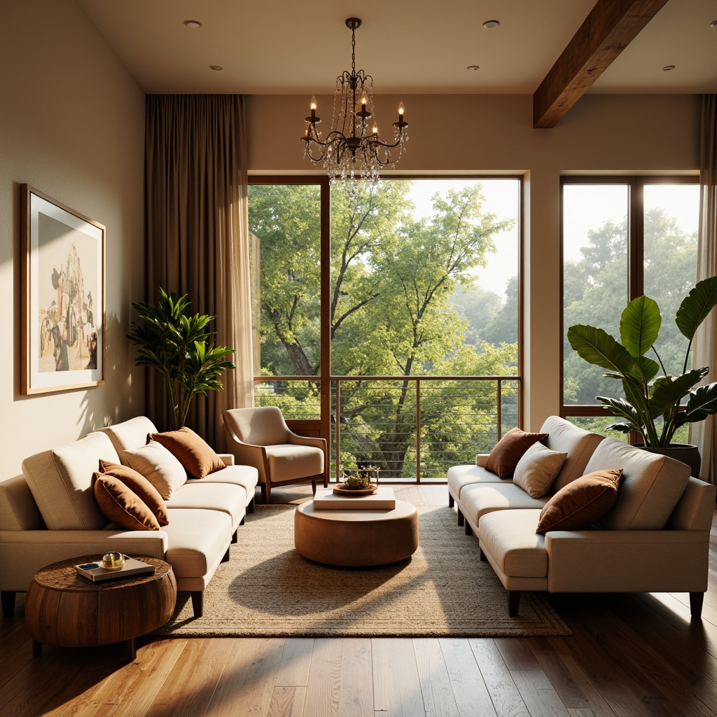 Prompt: Cozy living room, plush sofas, warm beige walls, rich wood flooring, soft golden lighting, comfortable throw pillows, modern minimalist decor, large windows, natural daylight, lush greenery views, elegant chandeliers, subtle textures, 1/1 composition, shallow depth of field, realistic rendering.