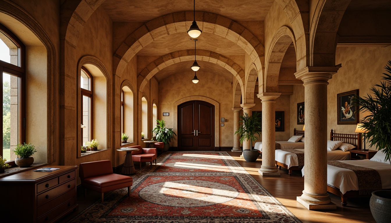 Prompt: Cozy dormitory, rustic archways, Romanesque columns, ornate carvings, warm beige stone walls, vaulted ceilings, grand entrance halls, wooden furniture, plush carpets, soft warm lighting, shallow depth of field, 1/1 composition, intimate atmosphere, realistic textures, ambient occlusion.