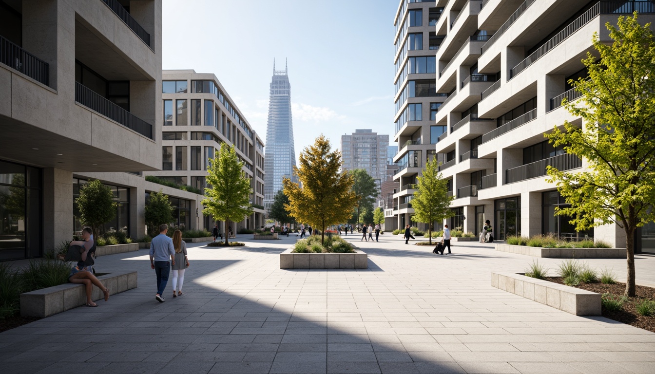 Prompt: Minimalist open plaza, clean lines, rectangular shapes, industrial materials, exposed ductwork, functional simplicity, bold typography, primary color accents, geometric patterns, urban landscape, modern cityscape, sunny day, high contrast lighting, deep depth of field, 1/1 composition, symmetrical framing, abstract textures, ambient occlusion.