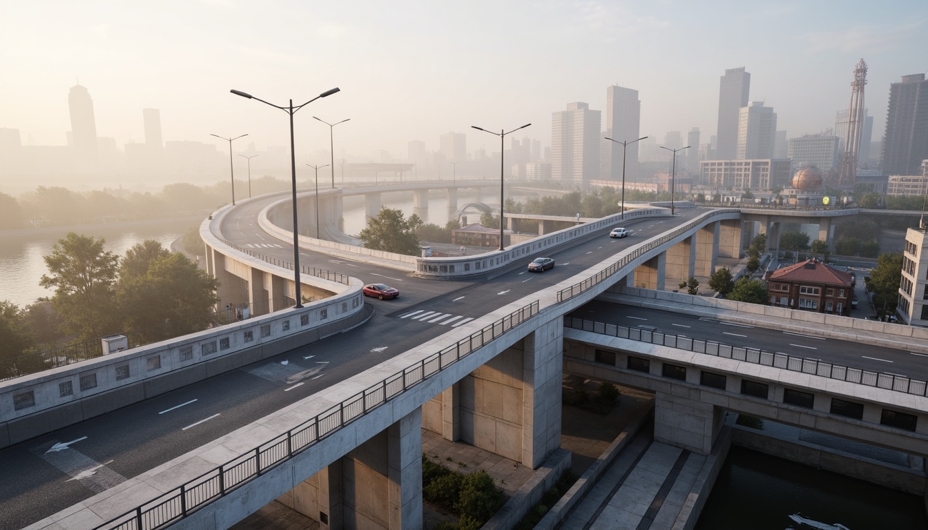 Prompt: Sleek vehicular bridge, curved lines, aerodynamic shape, metallic materials, silver coatings, riveted details, industrial textures, urban cityscape, morning fog, soft warm lighting, shallow depth of field, 1/1 composition, symmetrical view, realistic reflections, ambient occlusion, reinforced concrete piers, cantilevered sections, suspension cables, roadway markings, pedestrian walkways, modern streetlights.