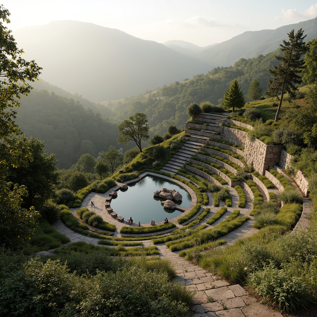 Prompt: Natural amphitheater setting, lush green hills, tiered seating areas, curved walkways, rustic stone walls, wooden benches, scenic overlooks, panoramic views, surrounding forest, misty morning atmosphere, soft warm lighting, shallow depth of field, 3/4 composition, realistic textures, ambient occlusion, integrated landscape design, harmonious architecture, organic shapes, earthy tones, native plant species, meandering paths, tranquil water features.