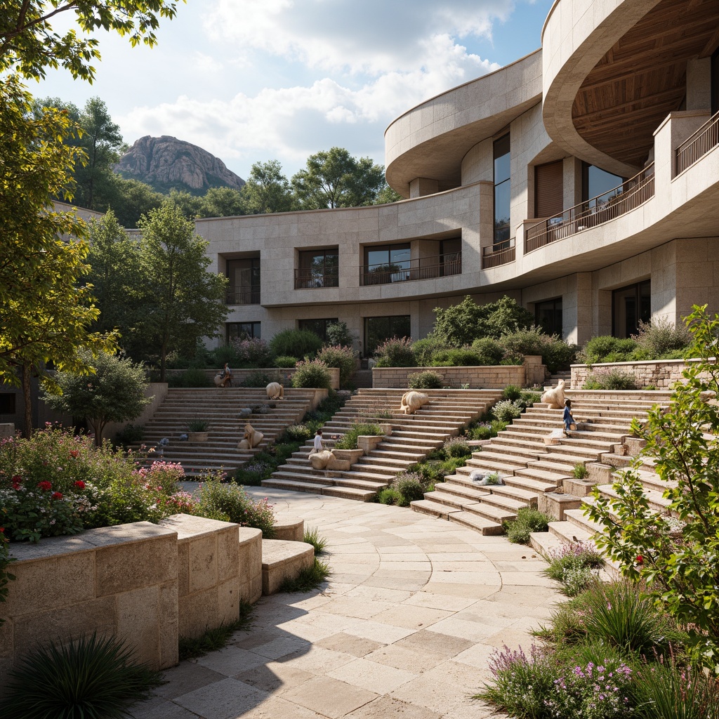 Prompt: Amphitheater-inspired constructivist architecture, grandiose stone steps, curved seating areas, ornate metal railings, lush greenery, vibrant flowers, natural rock formations, rustic wooden accents, earthy color palette, warm sunny day, soft diffused lighting, shallow depth of field, 3/4 composition, panoramic view, realistic textures, ambient occlusion.