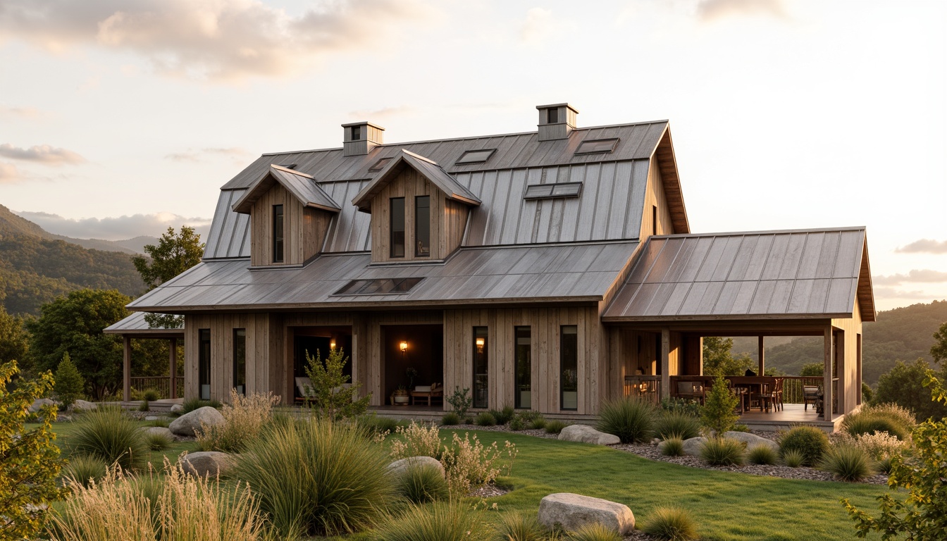 Prompt: Rustic barn, corrugated metal roofing, weathered wood accents, modern farmhouse style, asymmetrical rooflines, clerestory windows, natural ventilation systems, solar panels integration, green roofs, living walls, reclaimed wood cladding, earthy color palette, rural landscape, rolling hills, countryside views, soft warm lighting, shallow depth of field, 1/1 composition, realistic textures, ambient occlusion.