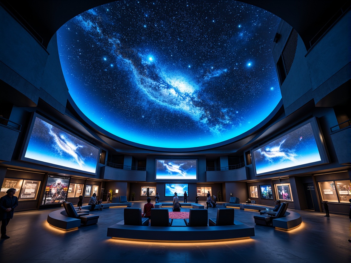 Prompt: Cosmic-themed planetarium interior, starry night sky ceiling, circular seating arrangement, futuristic dome-shaped screens, 3D projection technology, ambient blue lighting, sleek metallic accents, minimalist decor, astronomy-inspired exhibits, interactive displays, virtual reality experiences, educational signage, comfortable cushioned chairs, dark-colored flooring, soft warm glow, shallow depth of field, 1/1 composition, realistic textures, ambient occlusion.