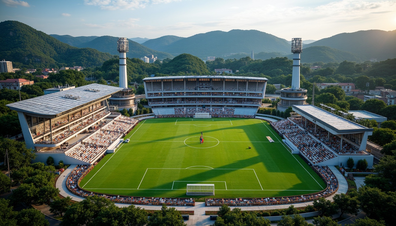 Prompt: Panoramic football stadium, lush green landscape, rolling hills, natural stone seating areas, vibrant flower beds, modern architecture, sleek metal structures, transparent roofs, cantilevered upper decks, dynamic lighting systems, misting systems, shaded spectator zones, eco-friendly materials, sustainable water management, integrated rainwater harvesting, native plant species, curved walkways, grand entrance gates, dramatic evening lighting, shallow depth of field, 3/4 composition, realistic textures, ambient occlusion.