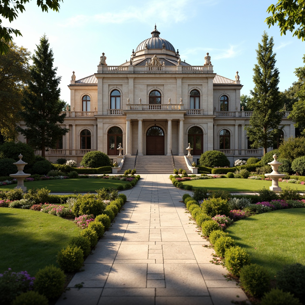 Prompt: Grand Renaissance-style museum building, ornate stone fa\u00e7ade, symmetrical gardens, manicured lawns, vibrant flower beds, sculpted hedges, meandering walkways, classical fountains, ornamental statues, grand entrance stairs, imposing columns, elegant arches, soft natural lighting, warm afternoon sun, shallow depth of field, 1/2 composition, realistic textures, ambient occlusion.