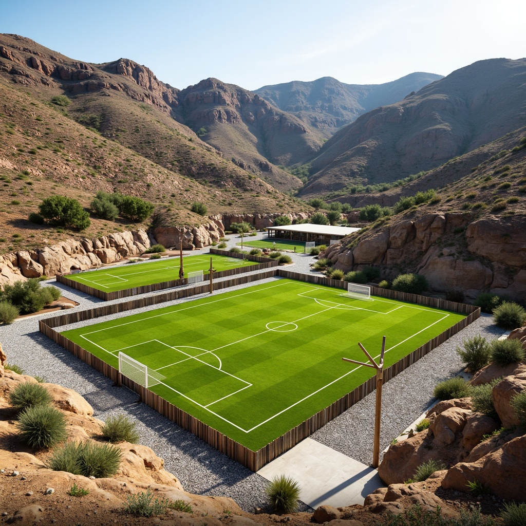 Prompt: Rustic sports field, undulating terrain, natural stone walls, weathered wood fences, vibrant green grass, athletic tracks, soccer goals, basketball hoops, tennis courts, modernist structural elements, exposed steel beams, concrete foundations, geometric shapes, minimalist landscaping, drought-resistant plants, succulent gardens, gravel pathways, sunny day, high-contrast lighting, dramatic shadows, 1/2 composition, wide-angle lens, realistic textures, ambient occlusion.