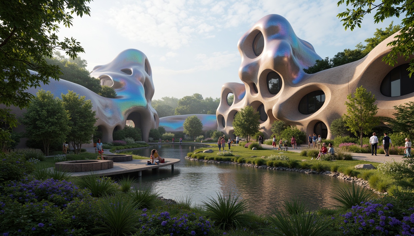 Prompt: Organic blob-shaped buildings, futuristic architecture, iridescent colors, glossy surfaces, undulating curves, natural stone foundations, lush green roofs, cascading water features, serene forest surroundings, misty atmosphere, soft warm lighting, shallow depth of field, 3/4 composition, panoramic view, realistic textures, ambient occlusion, vibrant floral patterns, intricate branch-like structures, whimsical cloud-inspired shapes.