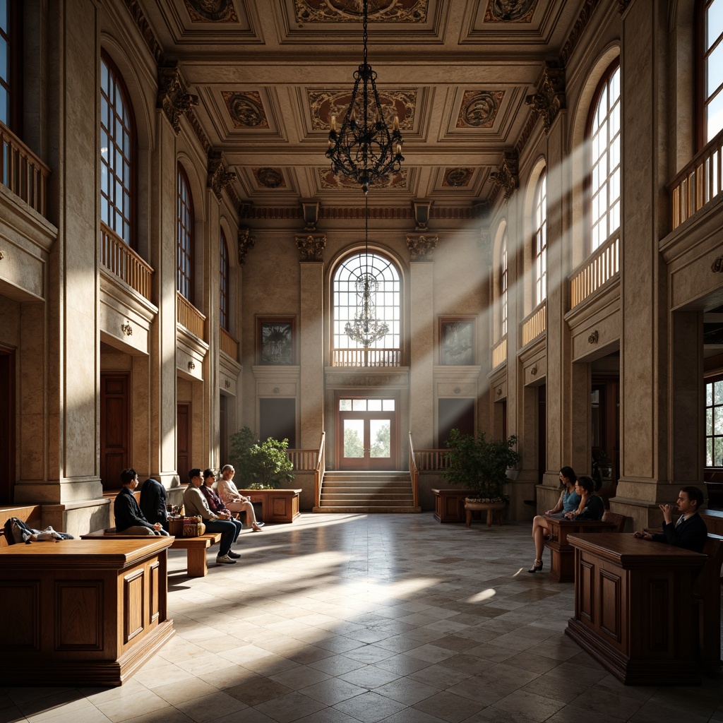 Prompt: Grand courthouse, neoclassical architecture, imposing stone fa\u00e7ade, ornate columns, vaulted ceilings, intricate moldings, polished marble floors, rich wood paneling, stately staircases, grand chandeliers, natural light pouring in, dramatic shadows, high-contrast lighting, 1/2 composition, symmetrical framing, realistic textures, ambient occlusion.