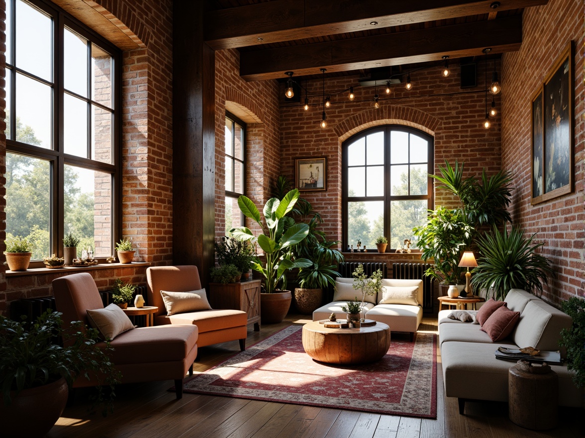 Prompt: Exposed brick walls, industrial metal beams, reclaimed wood accents, vintage decorative elements, soft warm lighting, cozy intimate atmosphere, romantic ambiance, eclectic mix of antique and modern furniture, lush greenery, potted plants, natural textiles, earthy color palette, distressed finishes, ornate metalwork, grand windows, arched doorways, rustic wooden floors, plush area rugs, dramatic ceiling heights, atmospheric misting, warm golden lighting, 1/1 composition, shallow depth of field, realistic textures, ambient occlusion.