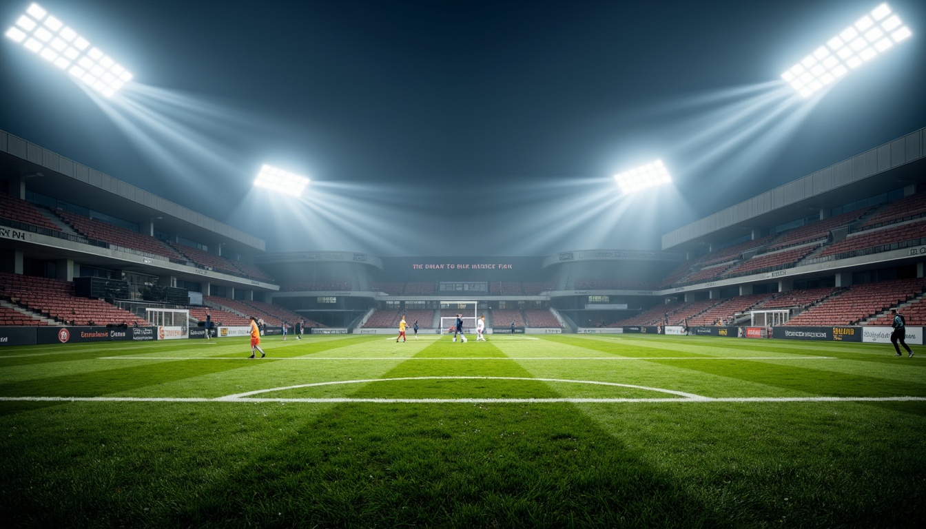 Prompt: Stadium atmosphere, lush green grass, athletic tracks, sports equipment, goalposts, floodlights, LED lighting, warm color temperature, high-contrast ratio, dramatic shadows, dynamic movement, fast-paced action, evening games, misty night air, 1/2 composition, low-angle shot, realistic textures, ambient occlusion.