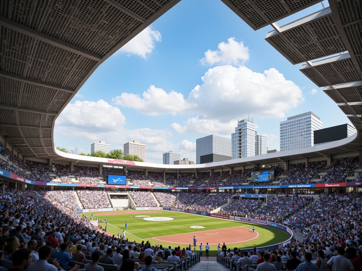 Prompt: Modern stadium architecture, perforated metal panels, sleek curved lines, cantilevered roofs, vibrant LED lighting, bustling crowd atmosphere, urban cityscape backdrop, sunny day with fluffy clouds, shallow depth of field, 1/2 composition, realistic reflections, ambient occlusion, natural stone flooring, polished concrete walls, dynamic sports equipment, athletic tracks, goalposts, scoreboards, spectator seating areas, VIP lounges, concession stands, modern amenities, sustainable building materials, energy-efficient systems.