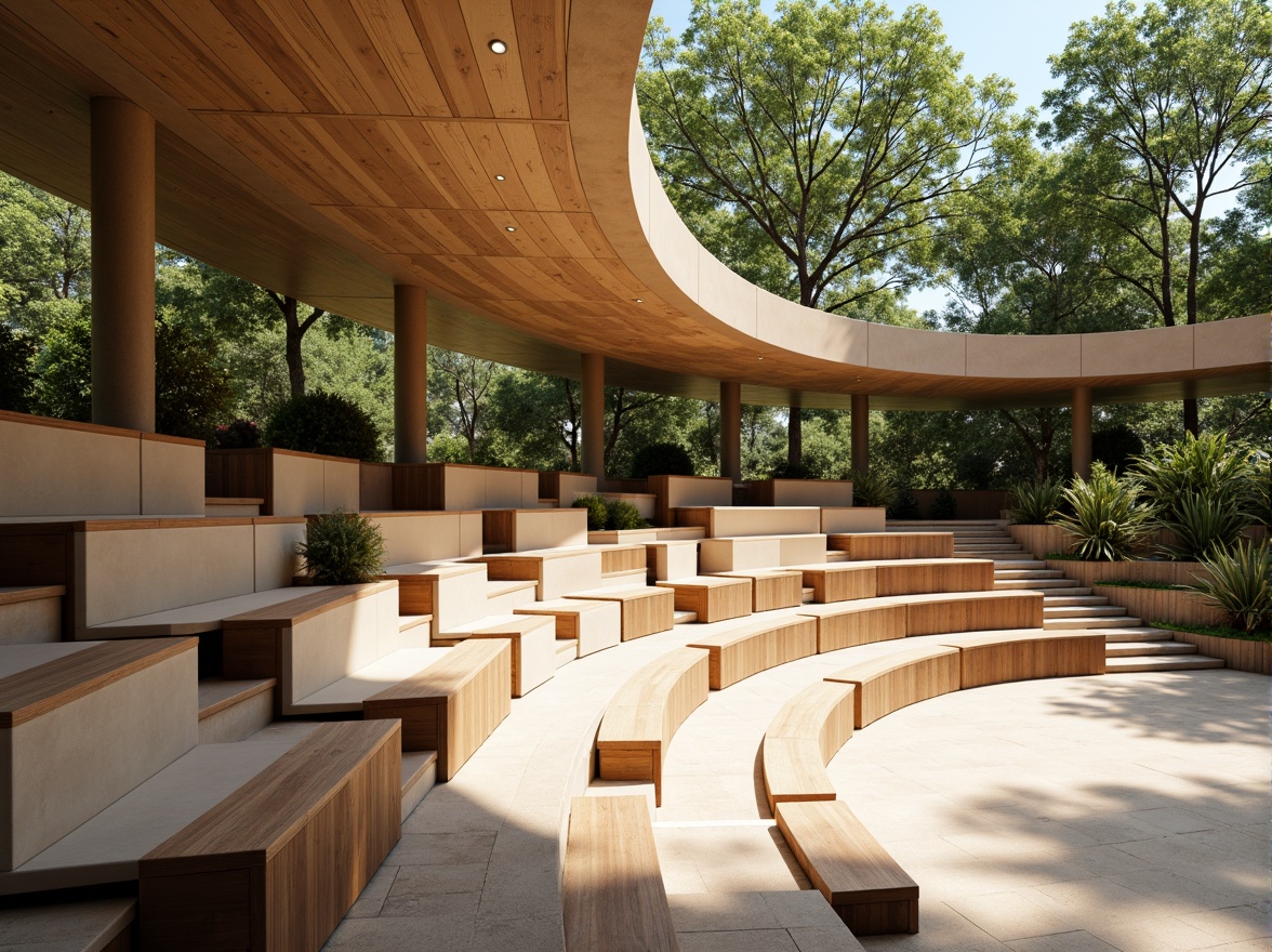 Prompt: Amphitheater seating area, minimalist design, sleek metal frames, curved rows, stepped platforms, wooden benches, comfortable cushions, subtle lighting, warm beige tones, natural stone flooring, modern architecture, open-air atmosphere, lush greenery surroundings, sunny day, soft warm lighting, shallow depth of field, 3/4 composition, panoramic view, realistic textures, ambient occlusion.