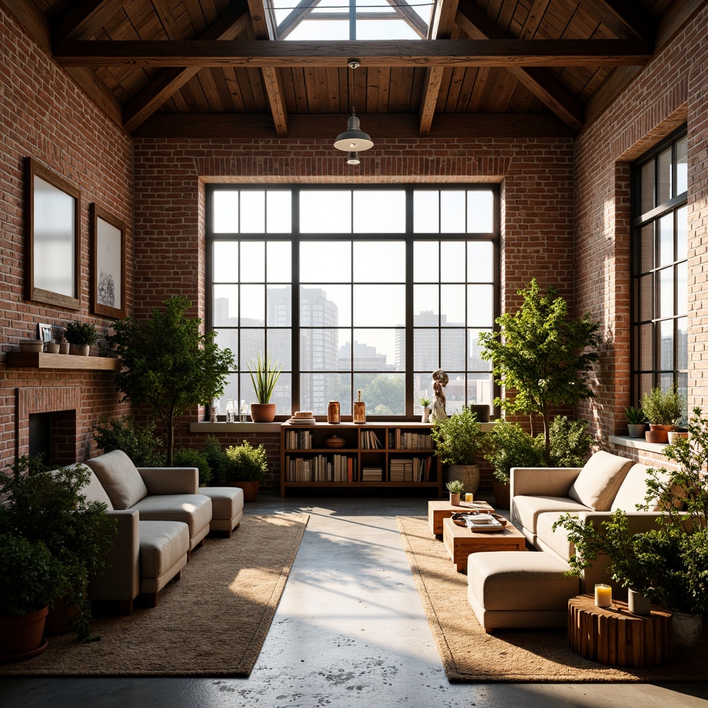 Prompt: Exposed brick walls, wooden beam ceilings, industrial chic decor, romantic ambiance, soft warm lighting, large windows, skylights, clerestory windows, natural stone floors, reclaimed wood accents, minimalist furniture, plush area rugs, cozy reading nooks, vintage decorative items, earthy color palette, lush greenery, potted plants, urban cityscape views, sunny day, shallow depth of field, 3/4 composition, panoramic view, realistic textures, ambient occlusion.