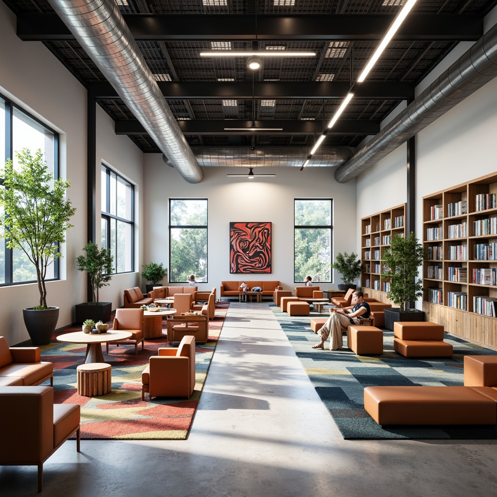 Prompt: Minimalist library interior, industrial chic aesthetic, exposed ductwork, polished concrete floors, steel beams, functional shelving units, geometric furniture, leather armchairs, wooden tables, metal lamps, natural light pouring in, large windows, open floor plan, flexible reading areas, cozy nooks, vibrant color accents, graphic textiles, abstract artwork, modern typography, 1/1 composition, softbox lighting, shallow depth of field, realistic textures.