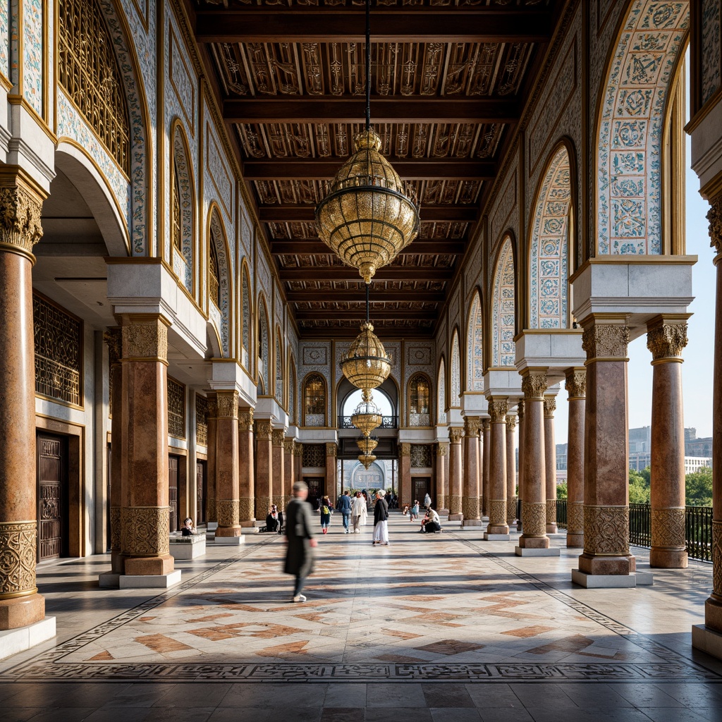 Prompt: Intricate geometric patterns, Islamic-inspired architecture, symmetrical facades, angular lines, vibrant colorful tiles, ornate metalwork, grand archways, majestic domes, intricate mosaics, luxurious marble floors, opulent chandeliers, dramatic lighting effects, shallow depth of field, 3/4 composition, panoramic view, realistic textures, ambient occlusion.