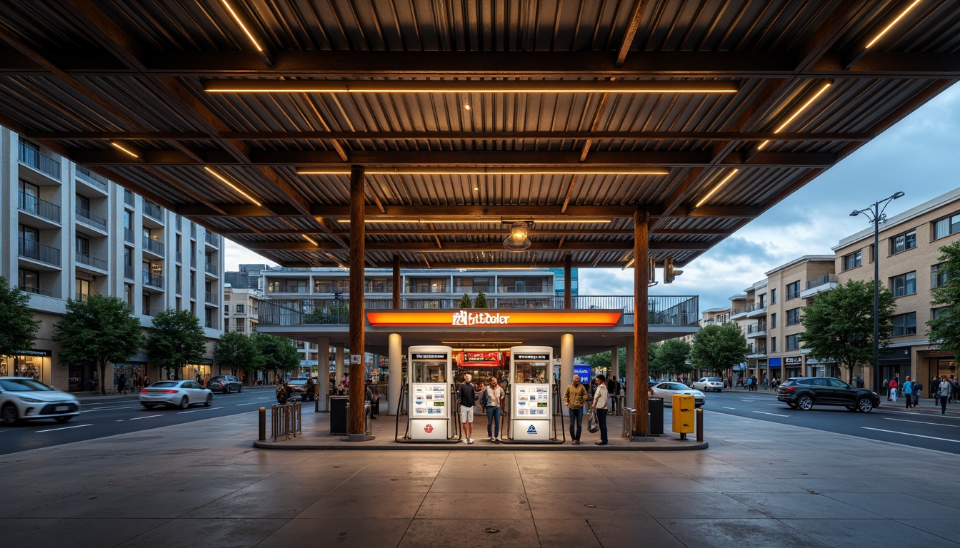 Prompt: Urban gas station, industrial chic, metallic accents, neon signage, bold typography, concrete flooring, steel beams, modern LED lighting, sleek fuel pumps, urban landscape, cityscape views, busy streets, morning commute, soft warm glow, shallow depth of field, 1/1 composition, realistic textures, ambient occlusion.