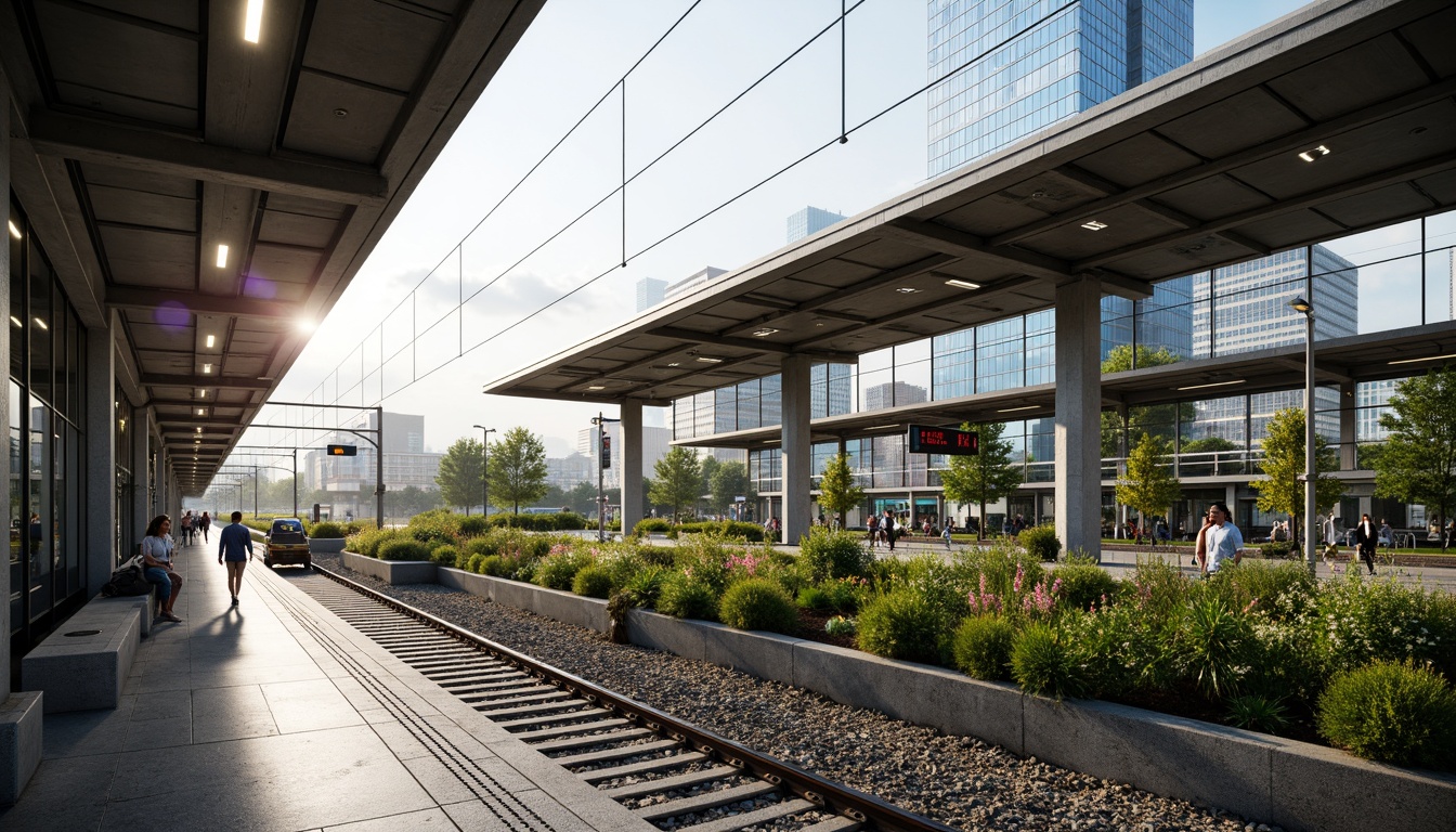 Prompt: Modern train station, sleek glass roofs, rainwater harvesting systems, green walls, lush vegetation, natural stone flooring, stainless steel handrails, LED lighting, energy-efficient systems, water conservation measures, grey water reuse, flood-resistant design, elevated platforms, cantilevered canopies, transparent glass fa\u00e7ades, urban landscape views, bustling city atmosphere, soft warm lighting, shallow depth of field, 3/4 composition, panoramic view, realistic textures, ambient occlusion.